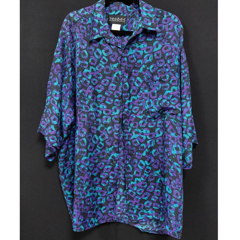 TRIBES Shirt Blue Purple Floral Short Sleeve Collared 100% Silk Men Size XL